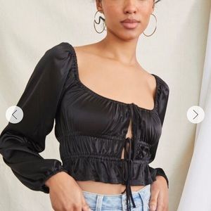 Satin Self-Tie Crop Top Black
